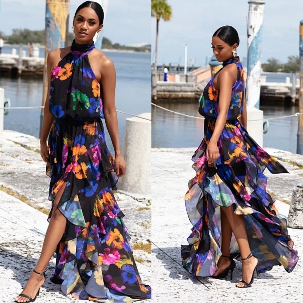 Betsy & Adam Sleeveless Halter Neck Ruffle Skirt Floral Chiffon Gown 6 Wedding